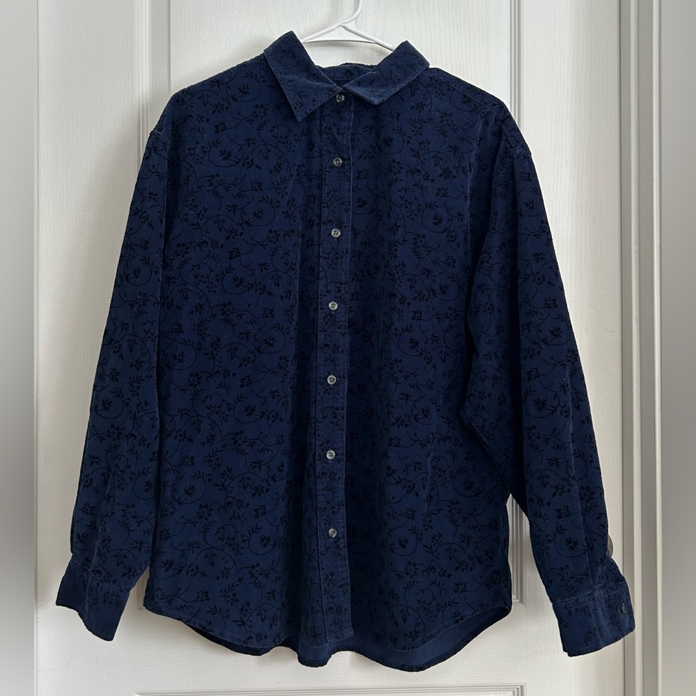 Talbots VTG Sz L Navy Corduroy Button Shirt Black Floral Velvet Y2K Cottagecore